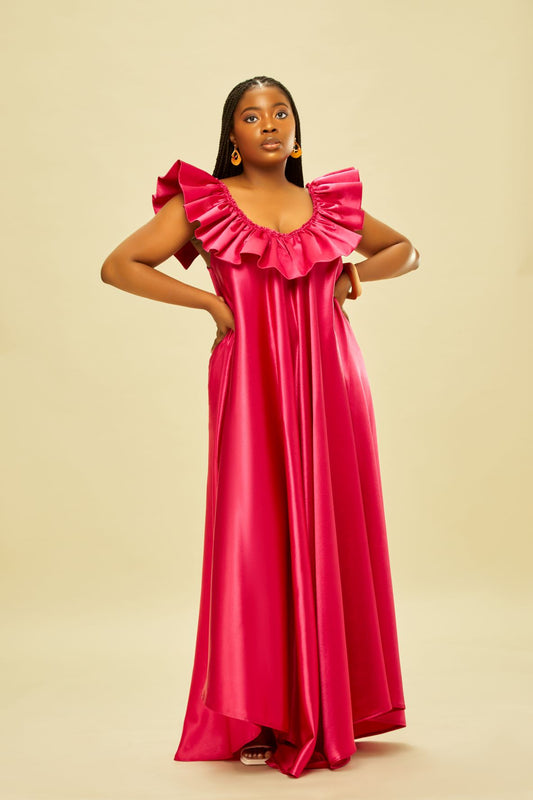 Endless Charm Ruffled Satin Gown in Pink