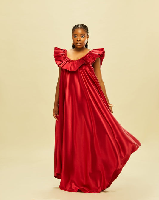 Endless Charm Ruffled Satin Gown in Red
